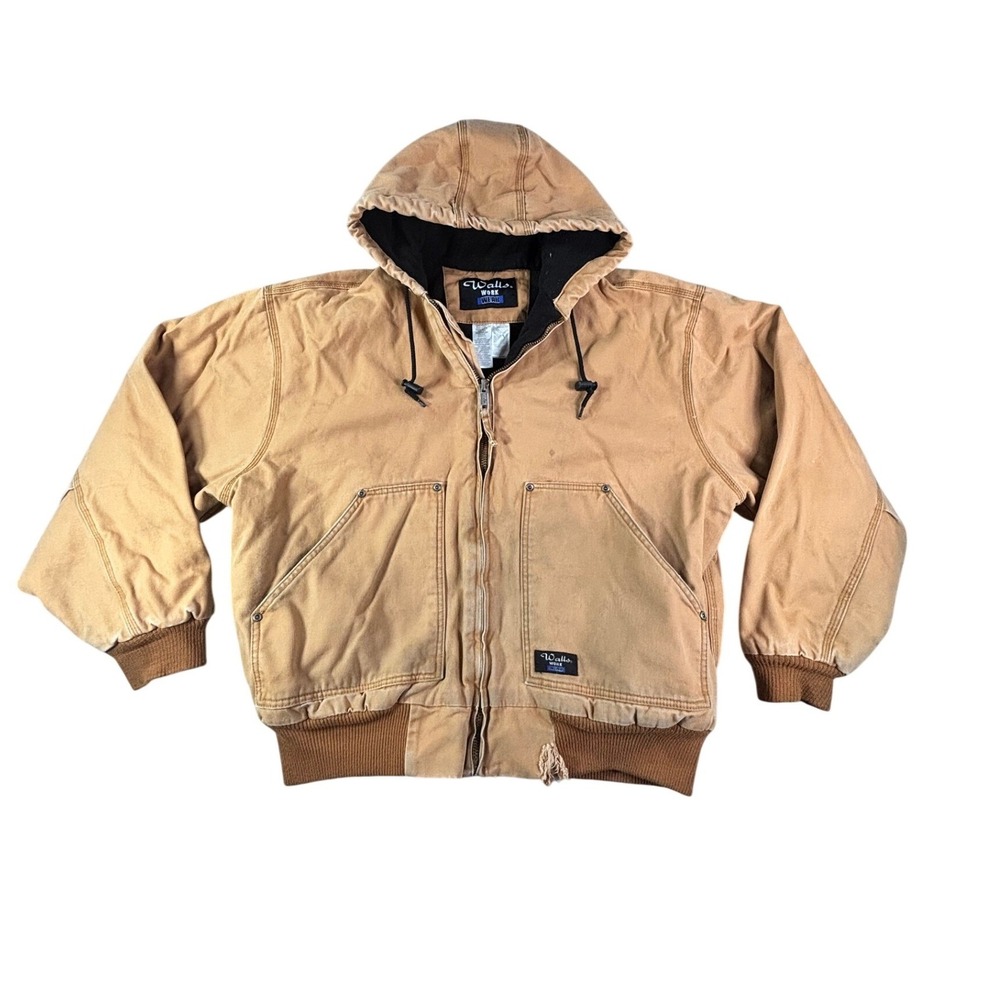 Walls Workwear Hooded Duck Canvas Bomber Jacket Tan Distressed Mens Large Reg